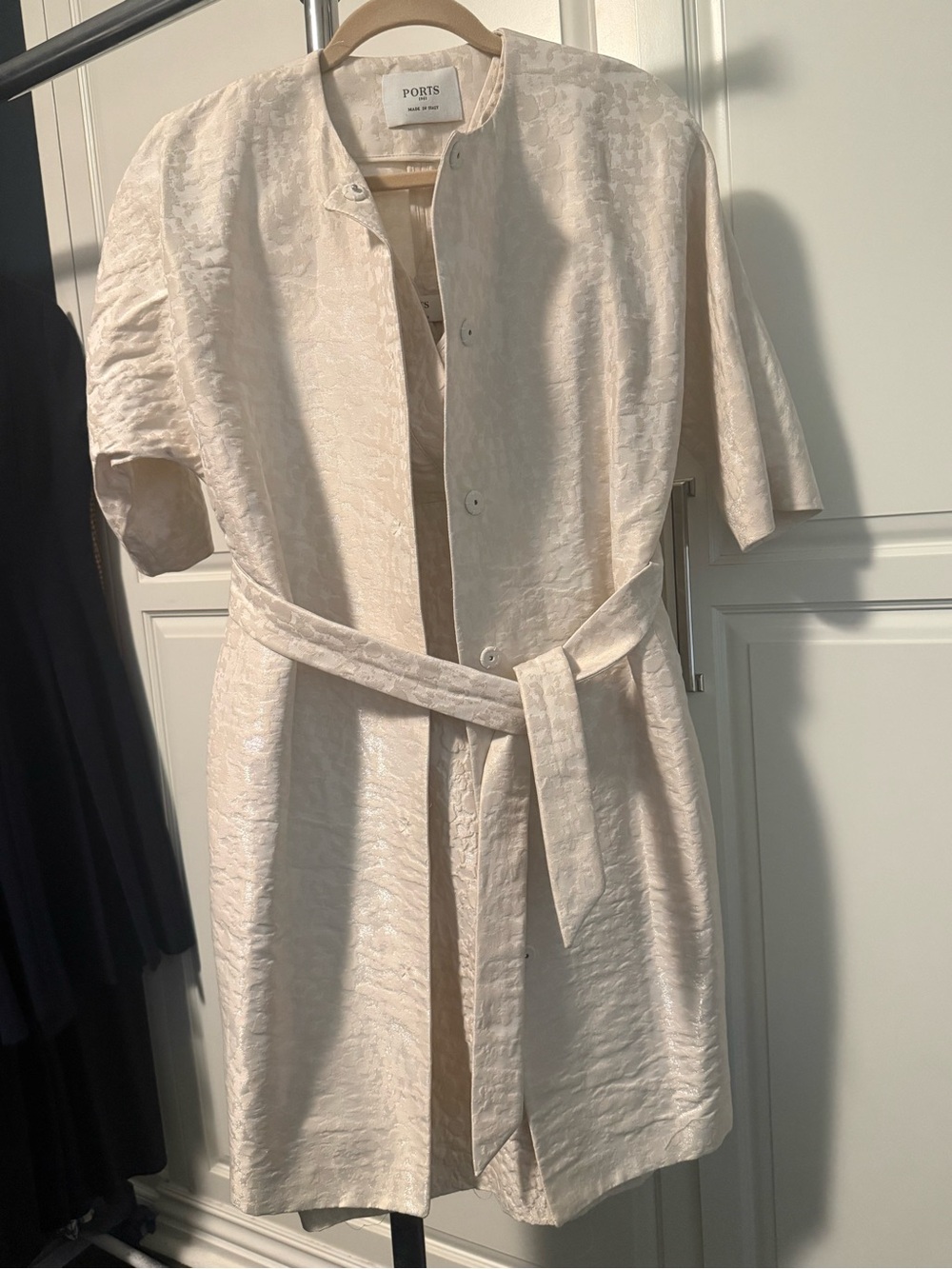 Beige Textured Dress with matching belted coat with pockets